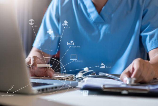 Medicine doctor hand working with modern digital tablet computer